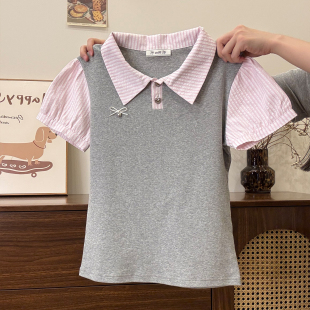 T恤女学院风修身 粉色条纹拼接假两件polo领短袖 短上衣 宇宙 奶油