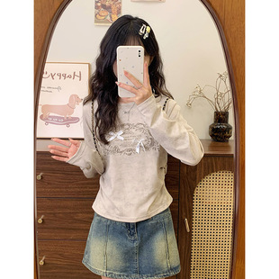 奶油的宇宙 立体蝴蝶结字母扎染正肩长袖T恤女高级感内搭初秋上衣