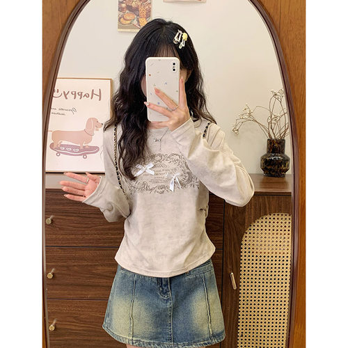 立体蝴蝶结字母扎染正肩长袖T恤