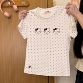 奶油 短上衣夏 T恤女甜妹小个子修身 宇宙 满印波点凯蒂猫正肩短袖