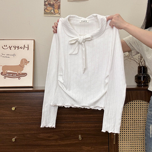 T恤女甜美风收腰木耳边上衣 绑带蝴蝶结娃娃领内搭长袖 奶油 宇宙