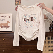 奶油 上衣 T恤女日系甜妹收腰短款 宇宙 钉珠爱心小狗正肩内搭长袖