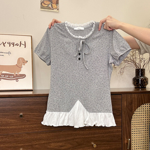 短上衣新款 奶油 T恤女甜美bm风修身 波点绑带荷叶边正肩短袖 宇宙