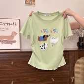 奶油 上衣 T恤女日系学院风收腰短款 宇宙 植绒卡通木耳边正肩短袖
