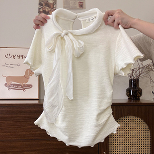 奶油的宇宙 绑带木耳花边杏色正肩短袖T恤女法式温柔风收腰小上衣