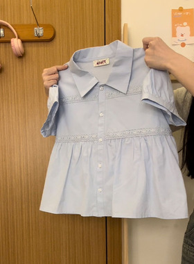 奶油的宇宙 纽扣蕾丝花边polo领娃娃衫短袖女小清新蓝色衬衫上衣