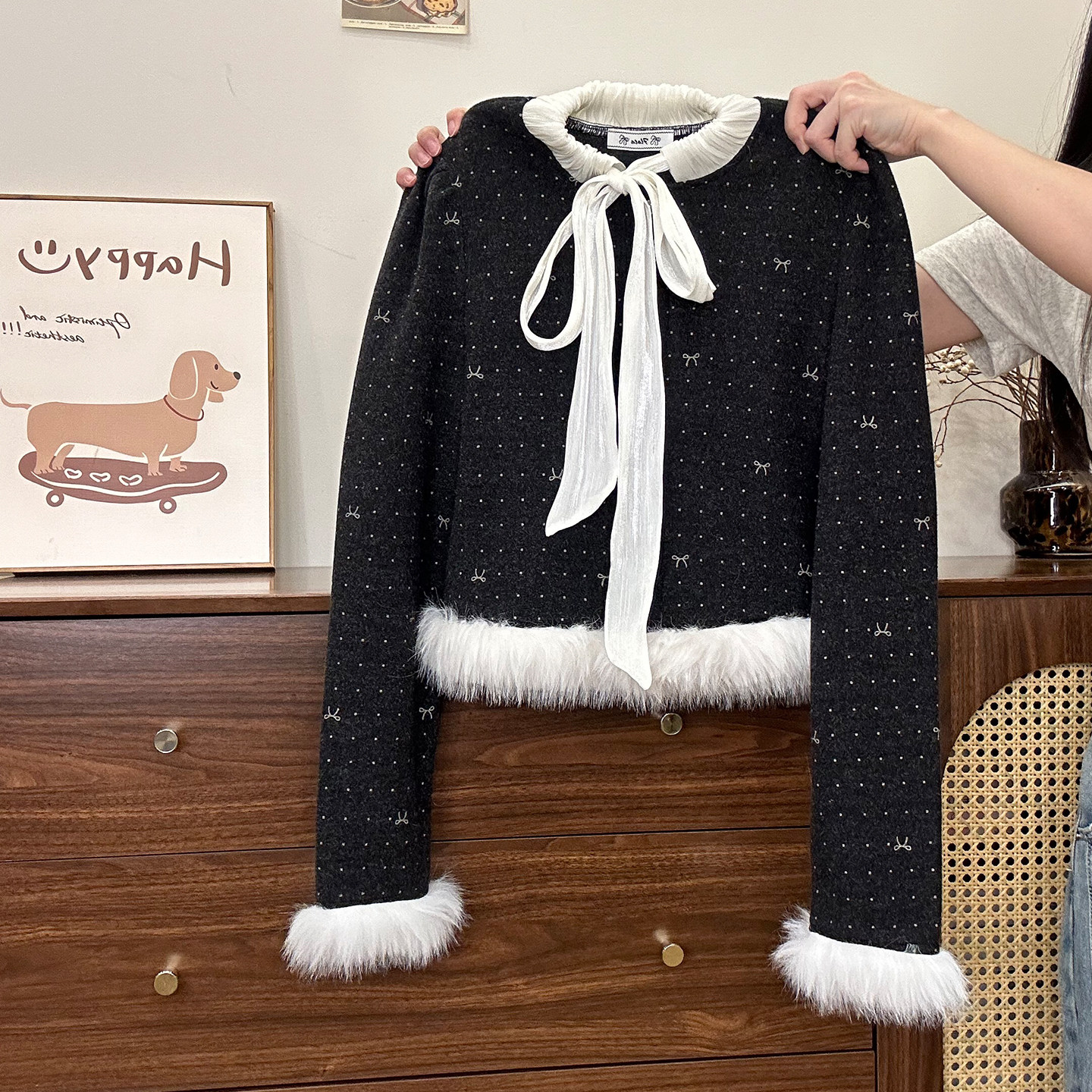 奶油的宇宙 波点蝴蝶结绑带毛绒开衫长袖上衣女小香风显瘦短外套,女装/女士精品,毛针织衫,淘宝优惠券,粉丝福利购,淘宝优惠卷