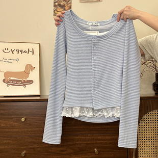 上衣女ins显瘦短款 奶油 长袖 蓝条纹蕾丝花边假两件开衫 内搭 宇宙