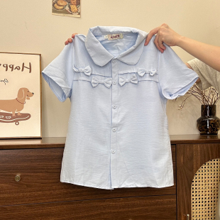 宇宙 短款 立体蝴蝶结蓝色polo领衬衫 女甜美风修身 上衣 短袖 奶油