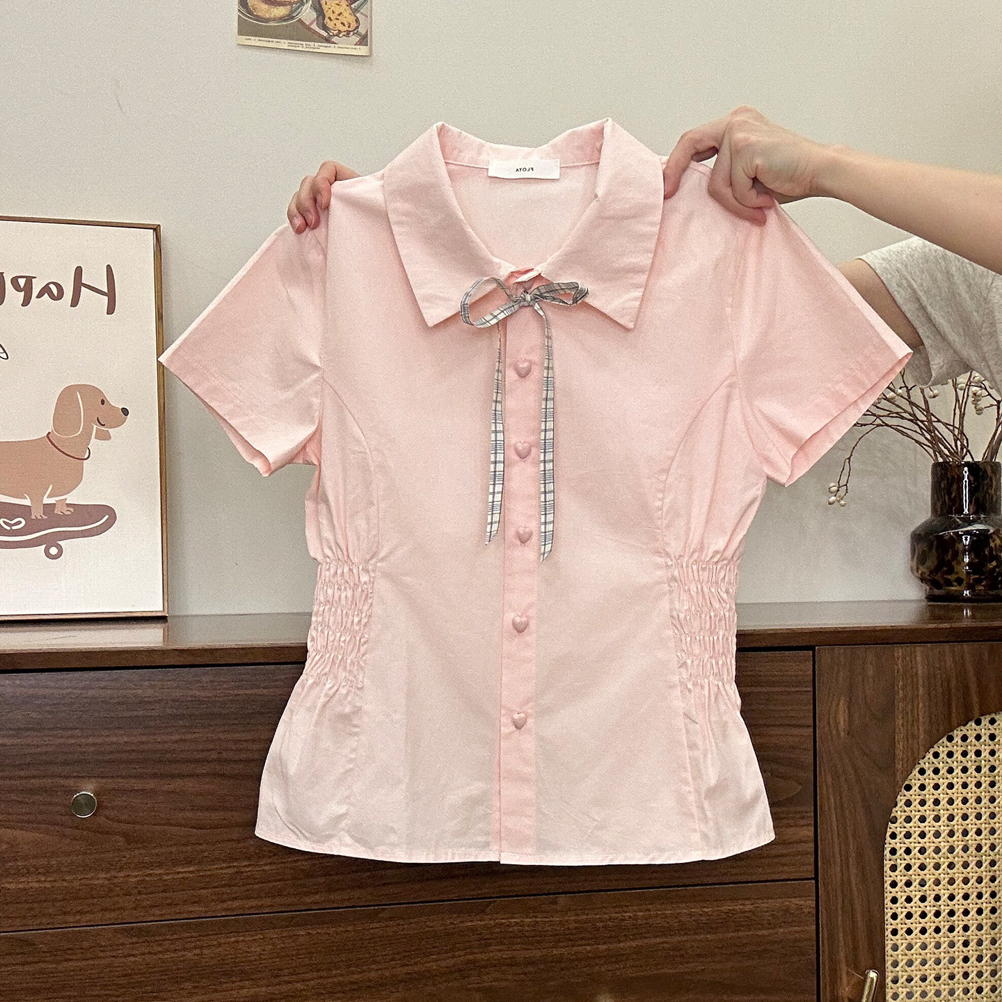 奶油的宇宙 格纹绑带polo领粉色收腰衬衫短袖女甜妹少女短款上衣