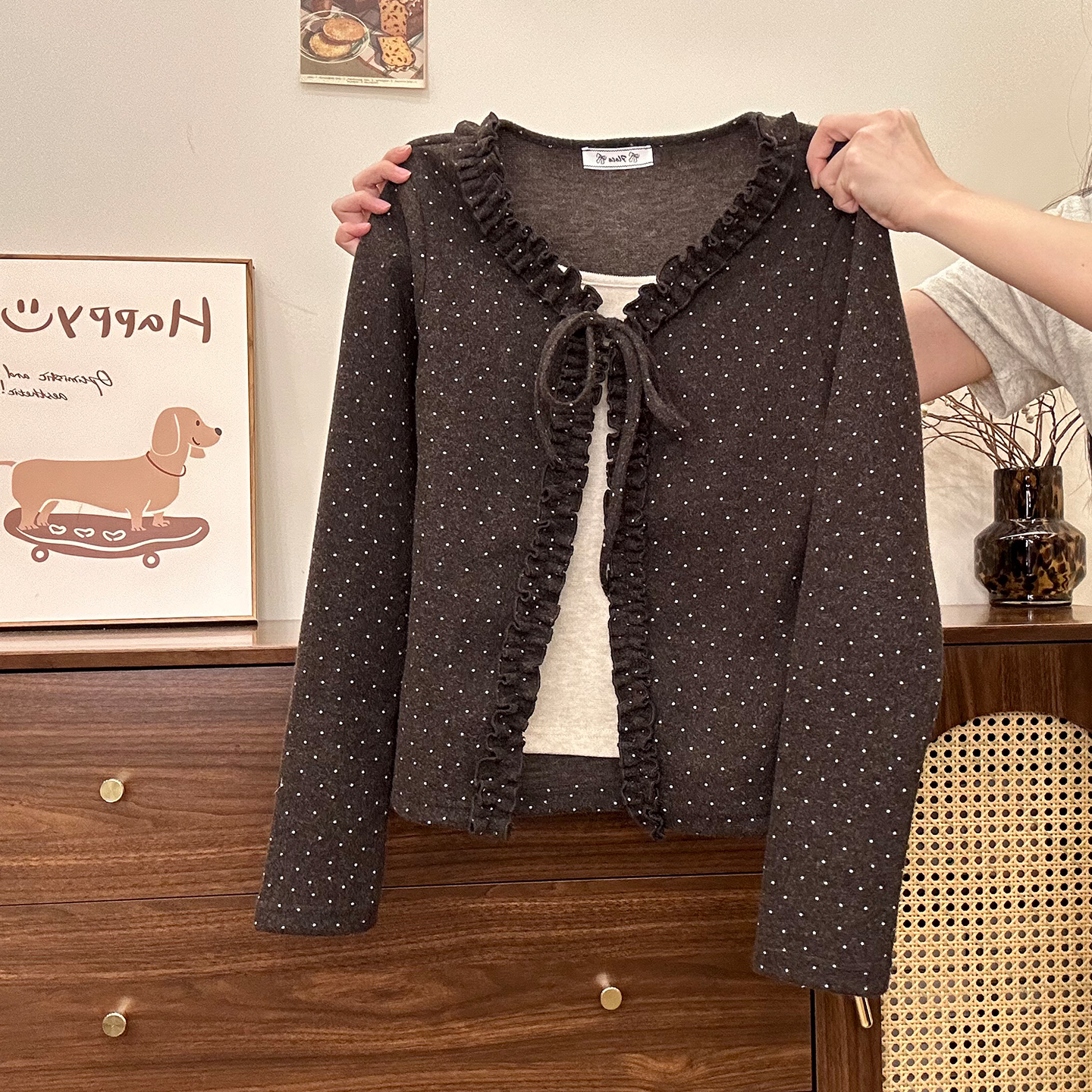 满印波点绑带假两件磨毛加厚长袖