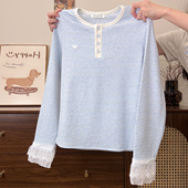 奶油 早秋打底上衣 T恤女甜美修身 宇宙 蕾丝拼接撞色条纹内搭长袖