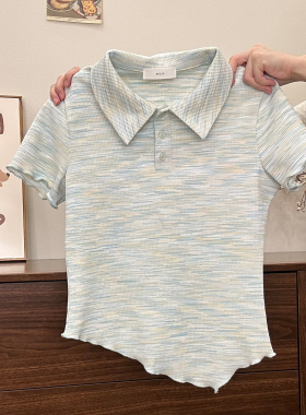 奶油的宇宙 绿色条纹木耳边polo正肩短袖T恤女甜美修身不规则上衣