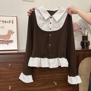 polo领针织长袖 条纹假两件衬衫 女韩系荷叶边内搭上衣 宇宙 奶油