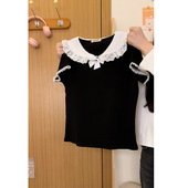 奶油 短上衣 T恤女甜美小个子修身 宇宙 蝴蝶结蕾丝娃娃领正肩短袖