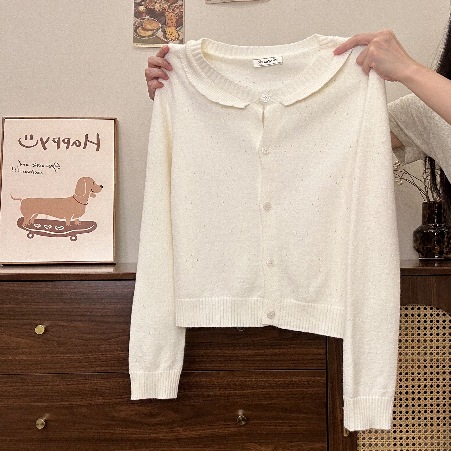 镂空花边拼接纯色针织开衫长袖女