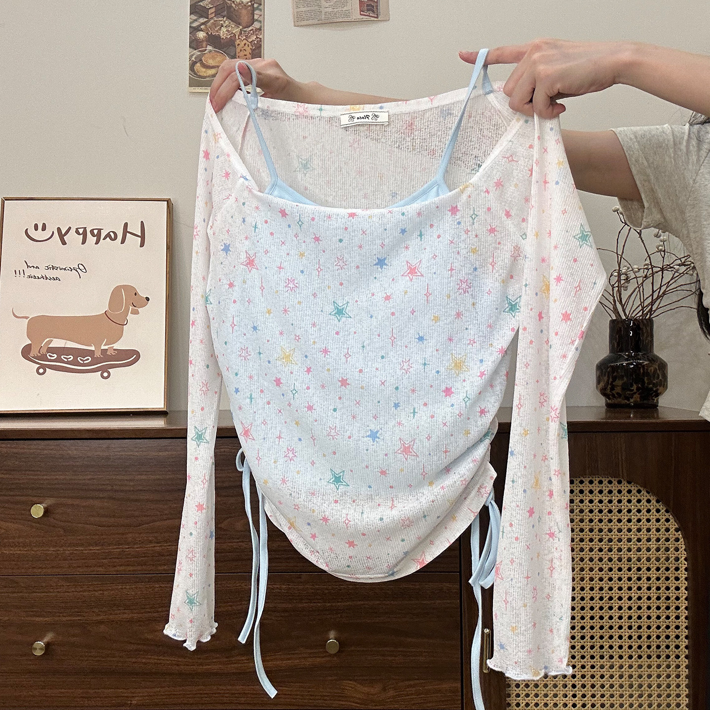 奶油的宇宙 多巴胺星星吊带拼接假两件长袖T恤女小个子短款罩衫,女装/女士精品,T恤,淘宝优惠券,粉丝福利购,淘宝优惠卷