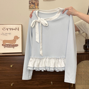 T恤女甜美风修身 绑带荷叶边假两件奶蓝色长袖 内搭上衣 宇宙 奶油