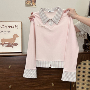 T恤女学院风修身 蝴蝶结格纹假两件polo长袖 内搭短上衣 宇宙 奶油