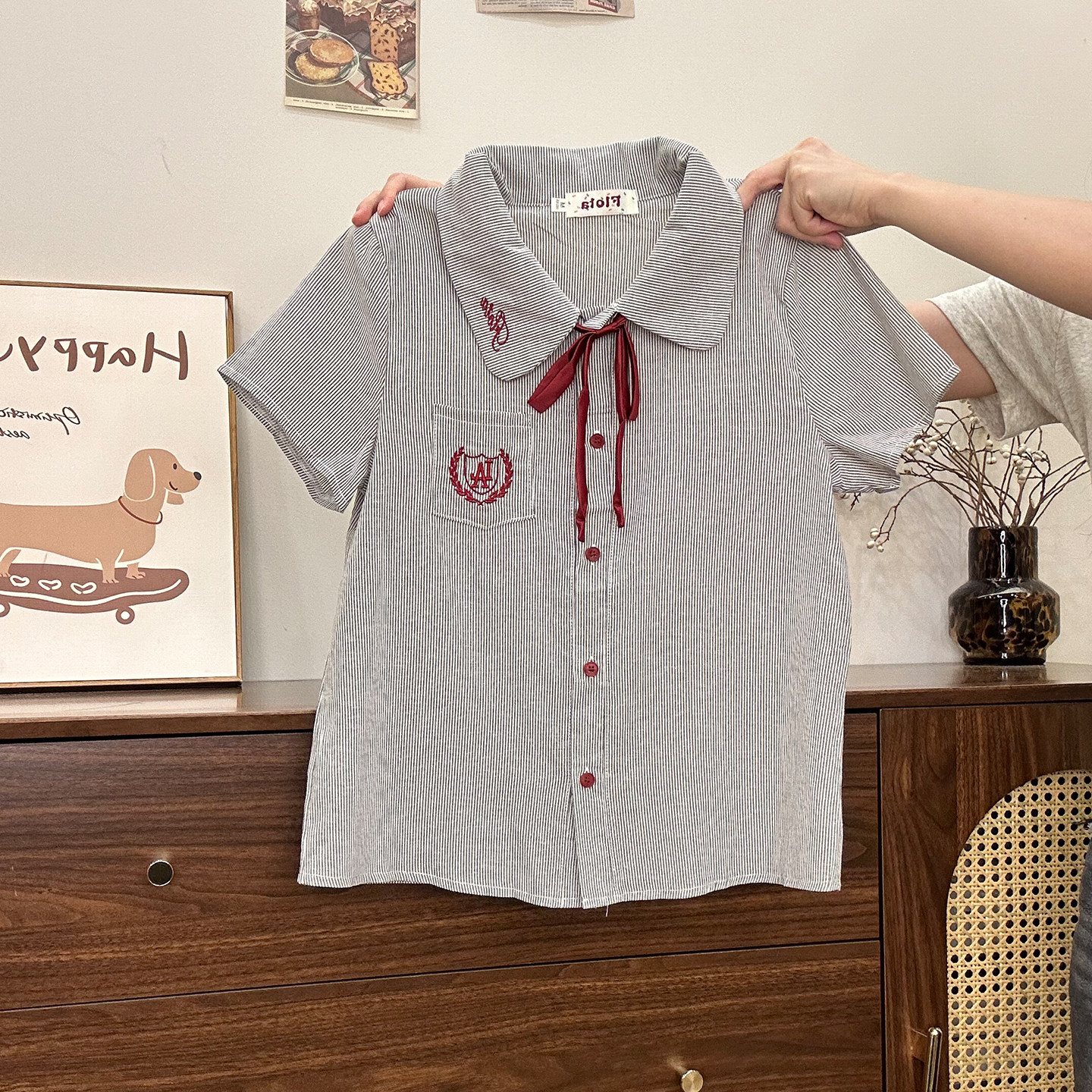 奶油的宇宙 刺绣口袋polo领条纹衬衫短袖女复古学院风修身短上衣