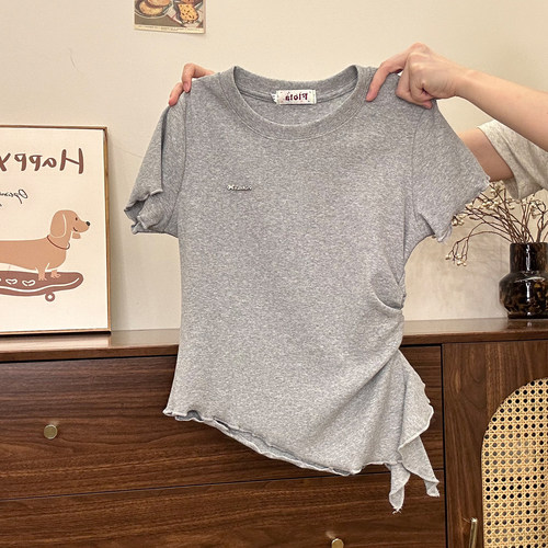 设计感不规则飘带正肩针织短袖女