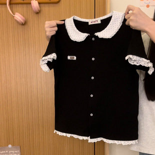 奶油的宇宙 波点娃娃领蕾丝拼接黑色针织短袖女小个子正肩短上衣