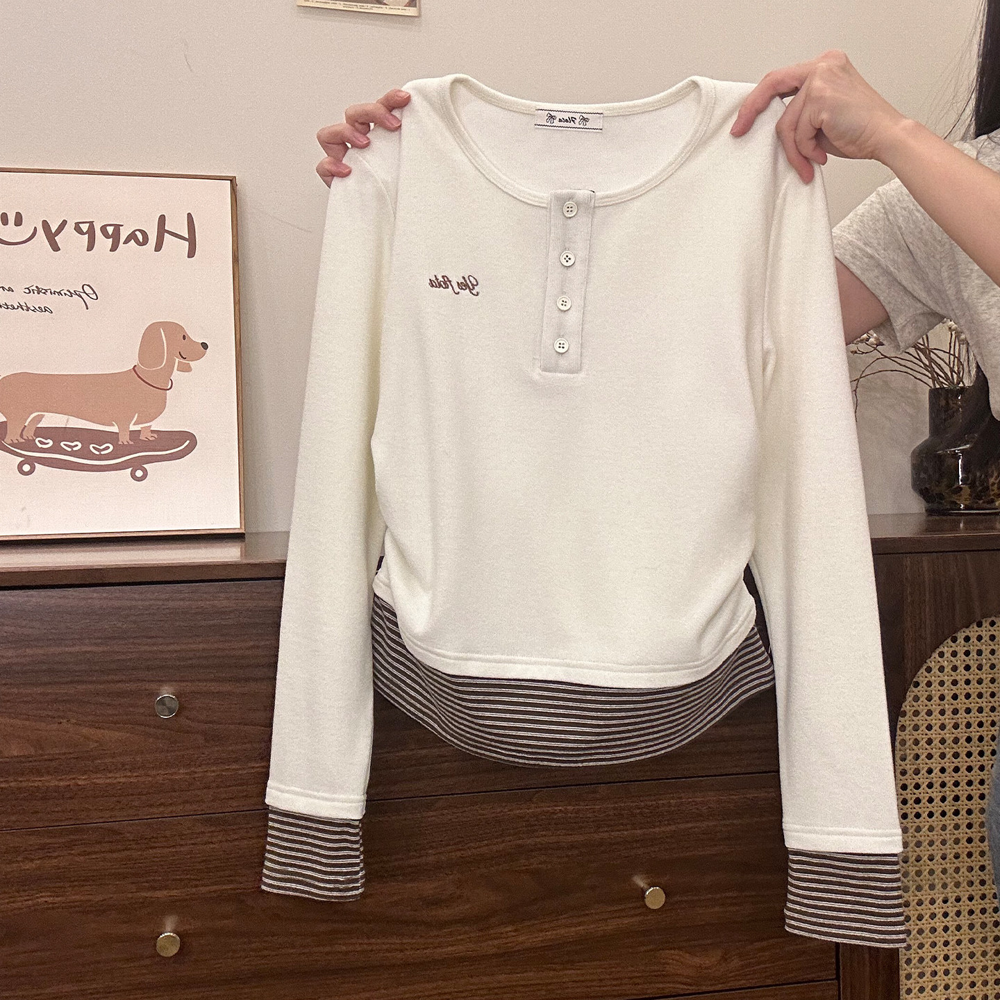 奶油的宇宙 条纹拼接假两件针织内搭长袖女学院风收腰保暖打底衫,女装/女士精品,毛针织衫,淘宝优惠券,粉丝福利购,淘宝优惠卷