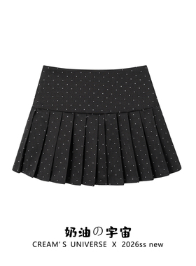 奶油的宇宙 韩系学院风黑色波点百褶短裙女小个子显瘦a字半身裙子