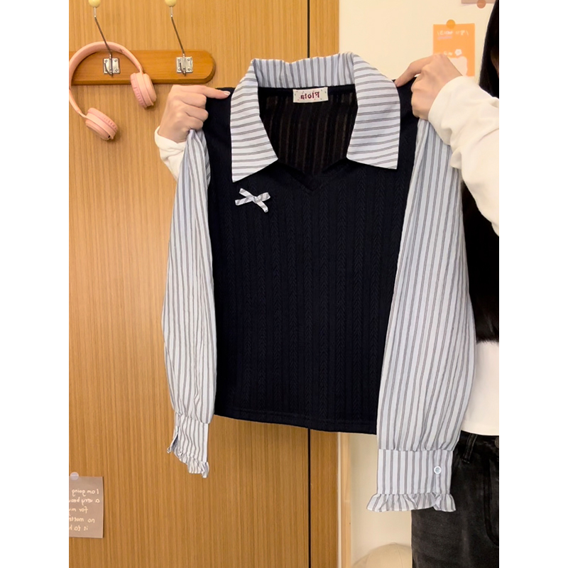 蝴蝶结条纹衬衫拼接针织翻领长袖