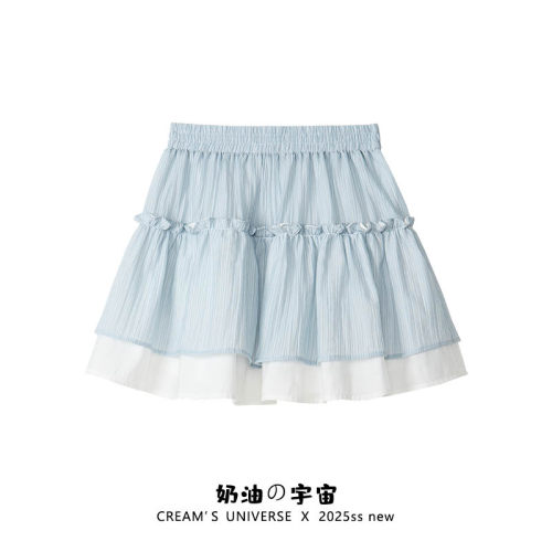 小清新蓝色花边拼接蛋糕短裙女