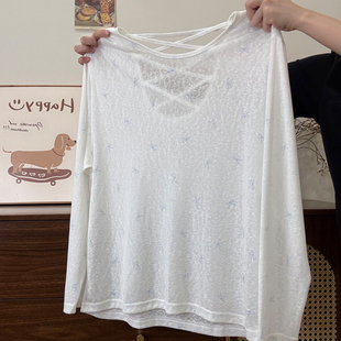 T恤女设计感宽松纯欲微透罩衫 满印蝴蝶结镂空白色长袖 宇宙 奶油
