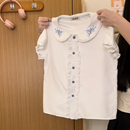 宇宙 短袖 奶油 刺绣蕾丝花边白色娃娃衫 女甜美彼得潘泡泡袖 衬衫
