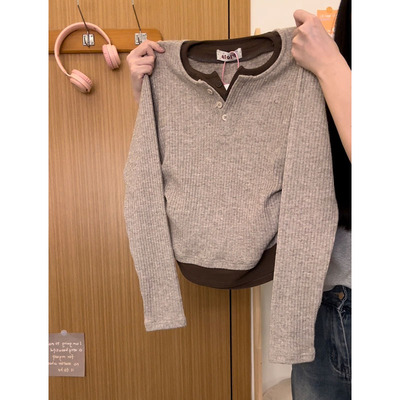 复古拼色假两件V领针织内搭长袖