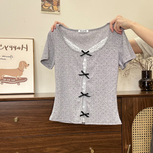 T恤女韩系风修身 波点蝴蝶结蕾丝假两件正肩短袖 短上衣 宇宙 奶油