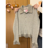 T恤女学院风打底上衣新款 格子拼接polo假两件针织长袖 宇宙 奶油