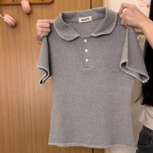 纯色明线polo领针织短袖T恤女
