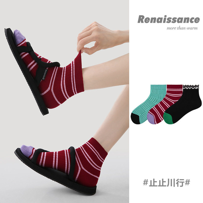 Renaissance原创女袜夏季木耳边短袜薄款透气条纹百搭船袜女上新