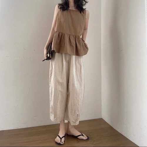 新款棉麻套装休闲裤子女裤夏简约日系薄款文艺百搭宽松两件套背心