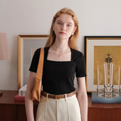 纯棉修身 然若 好看小上衣 T恤女2025新款 夏季 黑色法式 天鹅颈短袖