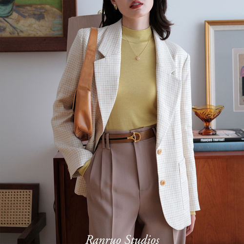 然若 亚麻西装外套女2026新款休闲西装独特漂亮小西服气质慵懒风
