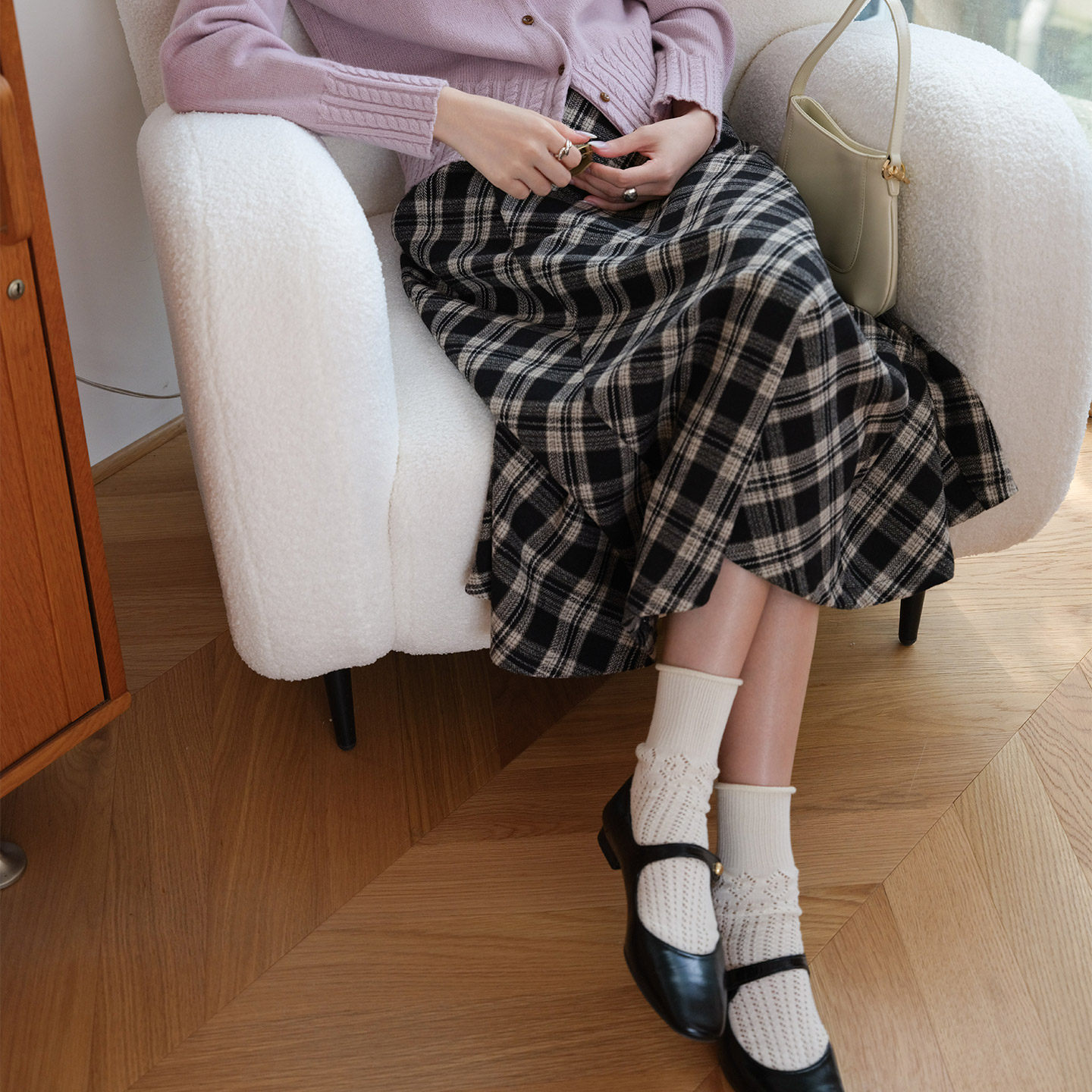 然若 斜裁垂感 羊毛格子半身裙女秋冬季2025新款毛呢梨形长裙子