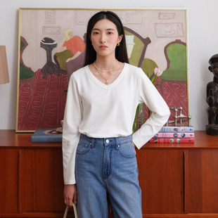 超软云朵绒 罩衫 米白色V领长袖 内搭打底衫 上衣 T恤女2026新款 然若