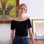 修身 然若 女装 T恤女2026新款 显瘦露肩一字肩上衣 黑色一字领短袖