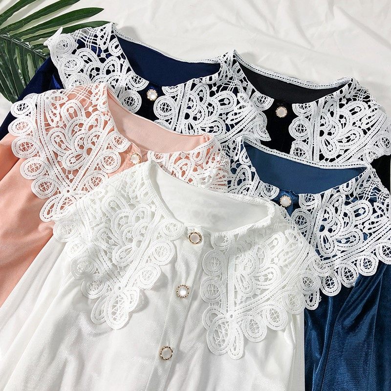 港味单排扣蕾丝拼接钩花丝绒长袖衬衫女新款翻领宽松显瘦打底衫冬|msdalam kategori Butik wanita / wanita, shirt - dari Buy2taobao.com untuk memberikan perkhidmatan ejen Taobao profesional membeli