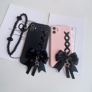甜酷少女蝴蝶结适用iPhone11/12/13mini/14promax手机壳苹果6/7/8plus手链硅胶XR/Se3/2网红保护套XS软壳XR潮