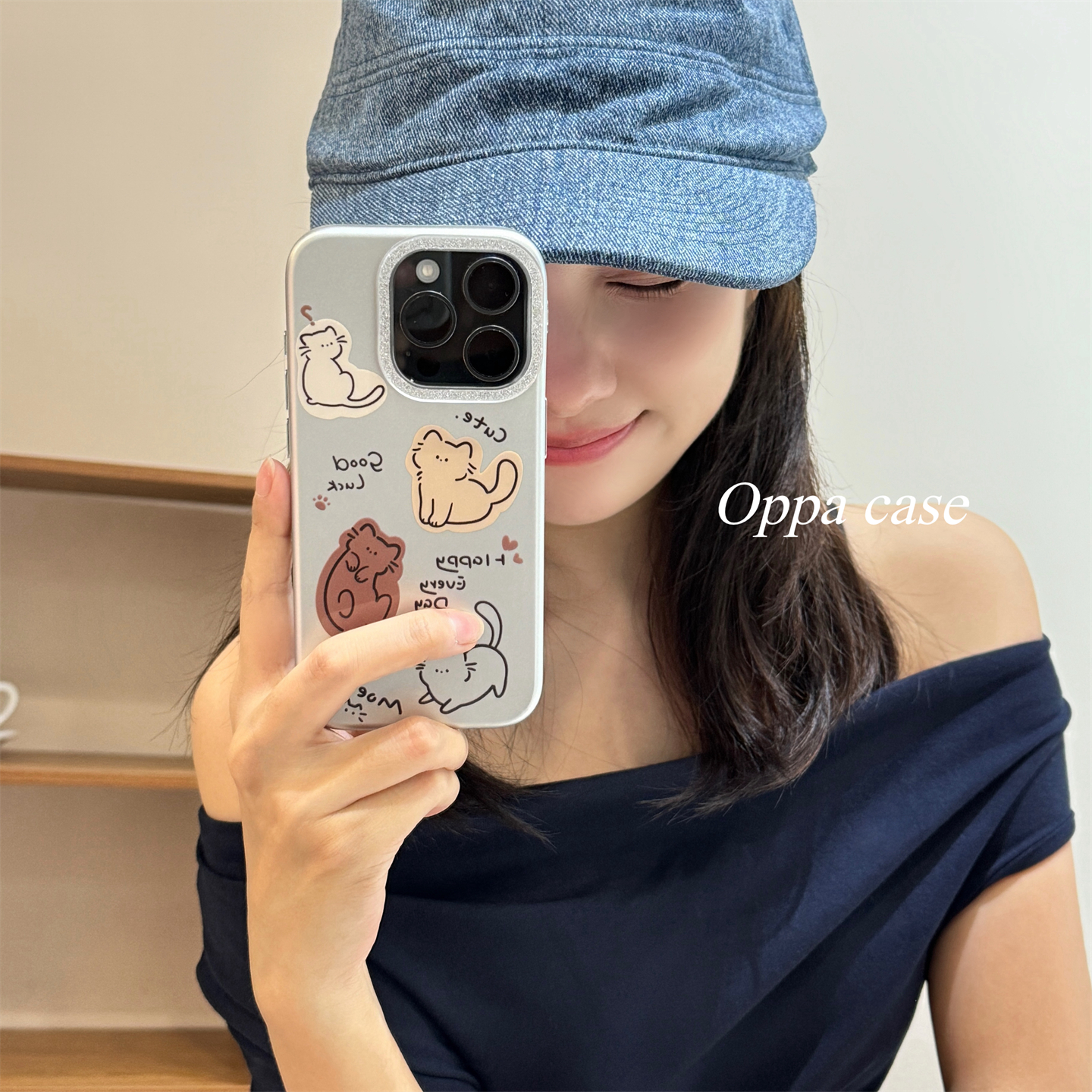 简约线条可爱猫咪适用苹果16promax手机壳iphone13新款15pro少女14日韩创意闪粉镜框全包防摔保护套软