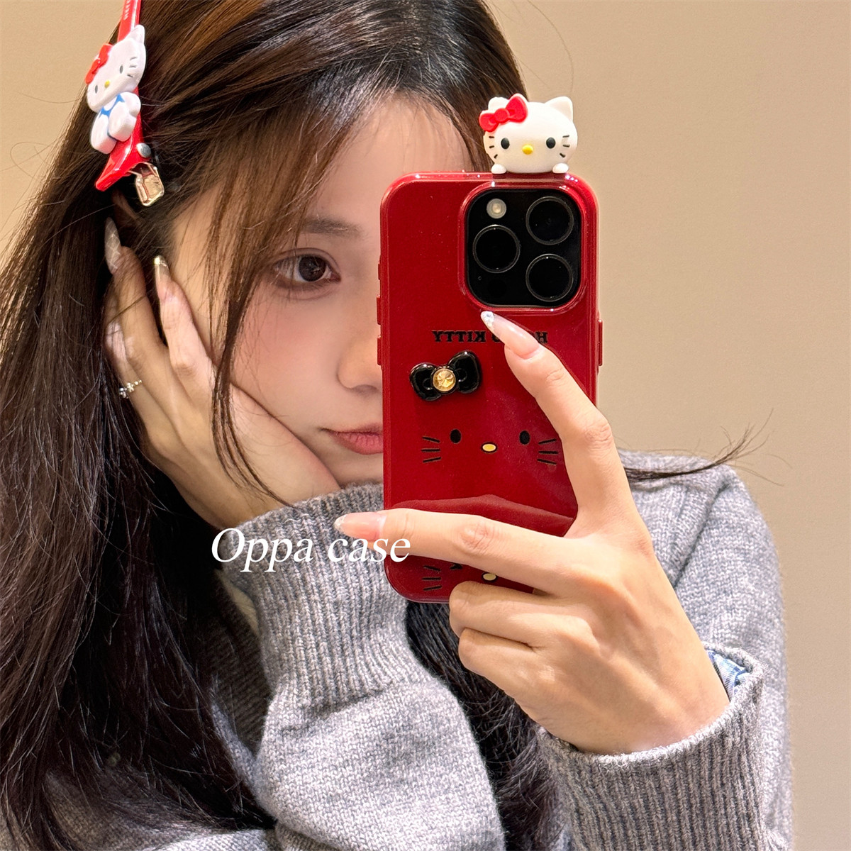 红色卡通猫咪立体蝴蝶结趴趴适用苹果16promax手机壳ipho