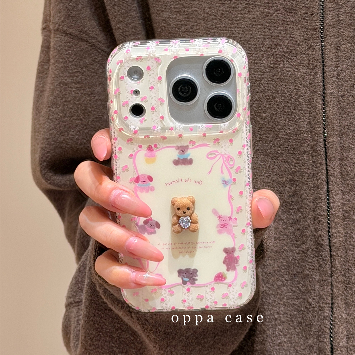 日韩ins碎花蕾丝蝴蝶结动物立体小熊适用苹果16promax手机