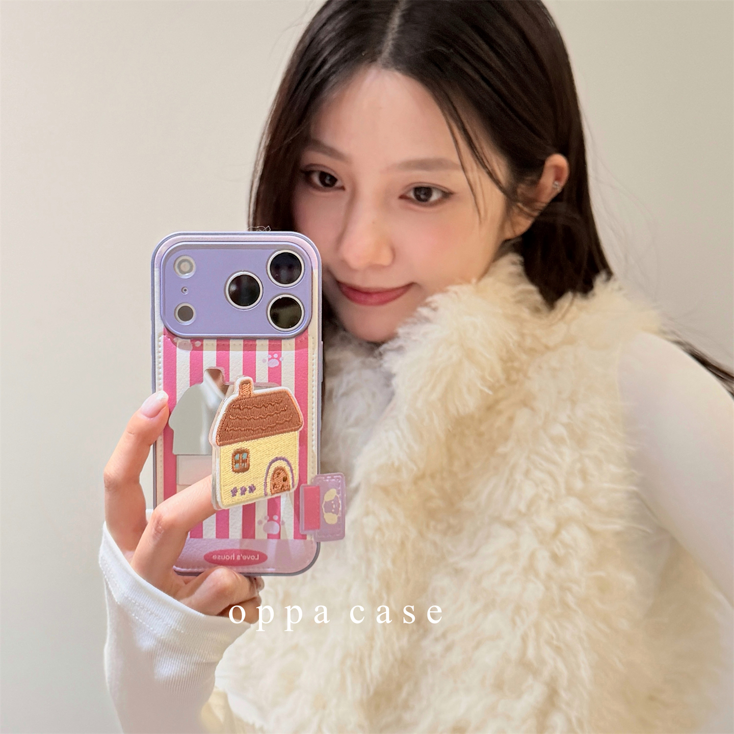 皮质粉条纹刺绣小屋折叠支架适用苹果17promax手机壳iphone16新款15pro高级感女款14全包13防摔保护套