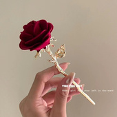 古典气质中国风植绒玫瑰花金属发簪女复古旗袍盘发簪子头饰